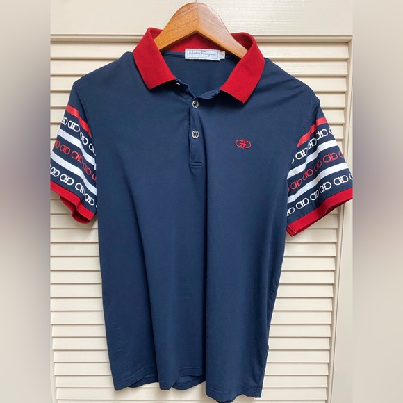 Salvatore Ferragamo Men's Polo Shirt M Navy Red Gancini Logo Made